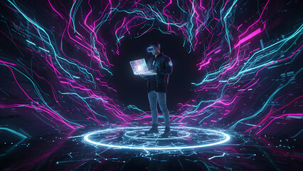 Mixed media with businessman surfing colorful neon data waves. Concept of creative technology, digital marketing, futuristic branding and fast innovation cycles.Dynamic Digital Business & Tech Innovat