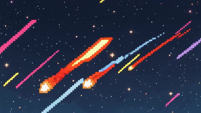 Colorful cartoon rockets flying through the starry night sky.