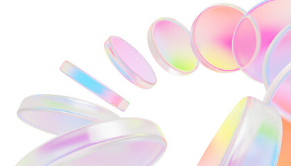 Plakat Holographic 3d glass circle discs with iridescent gradient. Abstract geometric background with speed circular effect of rainbow color round disks, transparent plastic or acryl plates