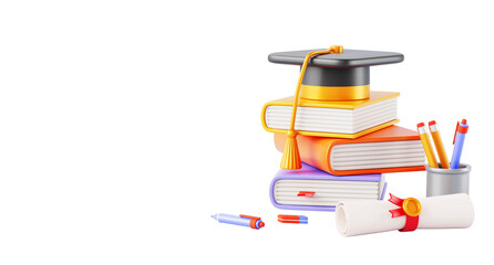 Plakat 3d stack of books with graduation cap and paper diploma rolled. Color pile of textbooks, certificate scroll, pen, pencil on blue bg. High school or college banner template. Education