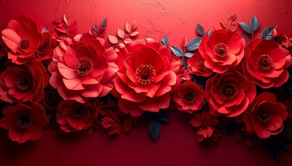 Lush arrangement of vibrant red paper flowers and leaves, creating a decorative, floral design