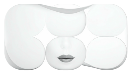 Abstract face composed of rounded shapes, predominantly white