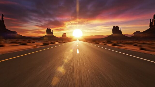 Smooth cinematic slow dolly shot along an empty, perfectly straight desert highway stretching towards a brilliant sunset representing a clear future path brilliantsunset, clearfuturepath, focus