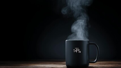 A black coffee mug featuring a digital clock display on its side. - Powered by Adobe
