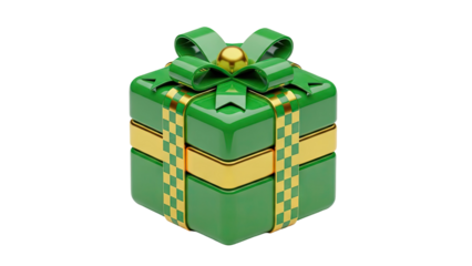 3D Green gift box with gold ribbon and bow on transparent background