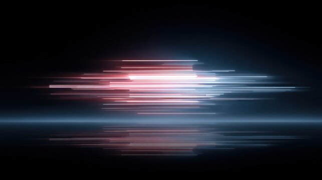 Dynamic streaks of light in vibrant red and blue tones creating a futuristic abstract background with reflective surface and motion blur effects