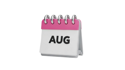 August calendar page with pink top and silver binding on transparent background