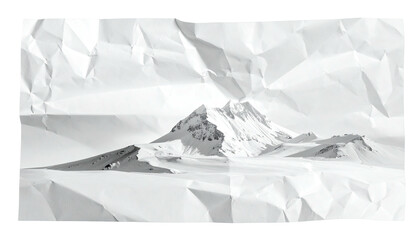 Snowy mountain range rendered on textured, creased white paper