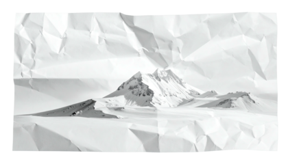 Snowy mountain range rendered on textured, creased white paper