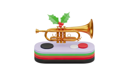 Christmas trumpet with holly and festive base on transparent background