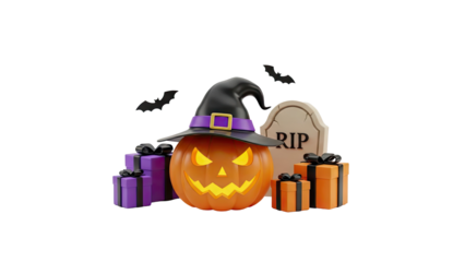 Halloween Jack-o-lantern with Gifts and Tombstone on transparent background