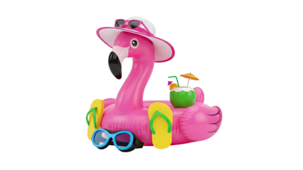 Inflatable Flamingo with Sunglasses, Hat, Flip Flops and Coconut Drink on transparent background