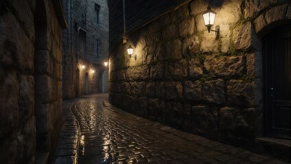 Eerily lit cobblestone alleyway at night with stone walls.