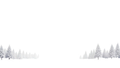 Snow-covered trees line a ground layer under a black expanse