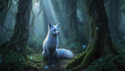 Enchanting White Fox in a Mystical Forest Glade.