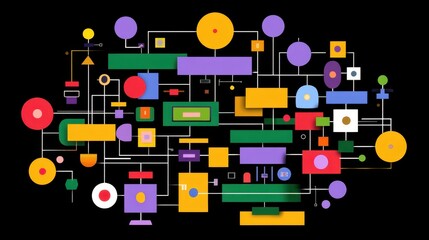 Abstract colorful geometric shapes with vibrant designs and interconnected lines on a black background for creative projects, art, and visual presentations