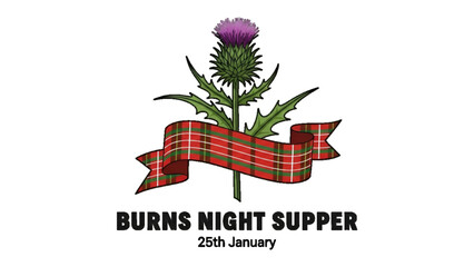 Burns night illustration of scottish thistle flower with tartan ribbon symbol for culture heritage supper celebration artwork design for festival event