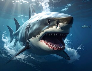 Fototapeta premium Great white shark with open jaws swimming in ocean water, another shark in distance