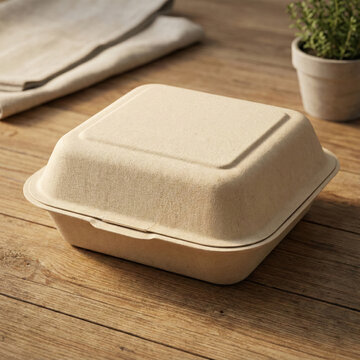 Eco friendly biodegradable molded pulp food container on rustic wooden table background
