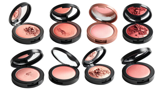 Eight blush compacts of varying pink & coral shades, open and on display