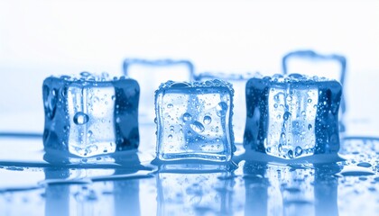 Close-up of clear ice cubes, water droplets, cool blue tone, melting, refreshing