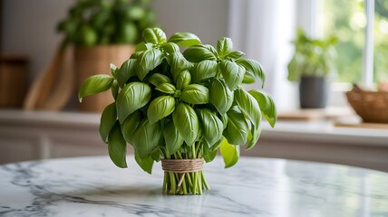 Fresh Basil on Marble Table