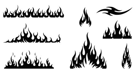 Obraz premium Set of black fire flame vector icons. Simple flat burning fire silhouette collection. Hot energy symbol for graphic design. Blaze pictogram illustration isolated. Transparent background SVG version.