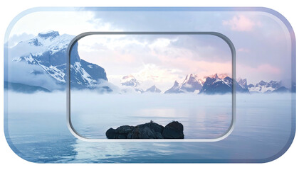 A mountain range reflected in a calm, misty lake, framed