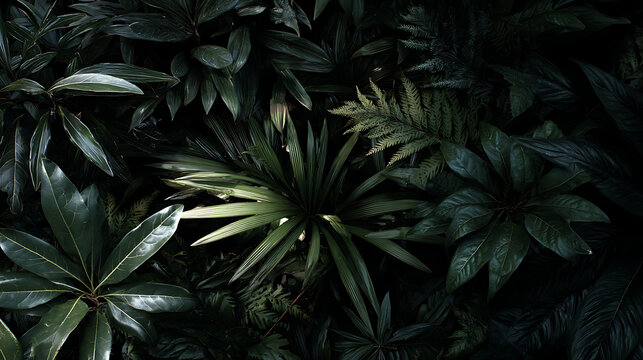 Dark green jungle leaves with dramatic lighting foliage - Powered by Adobe