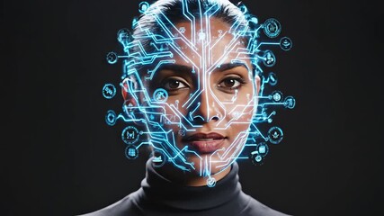 Womans Face with Futuristic Technology Overlay Artificial Intelligence Concept. - Powered by Adobe