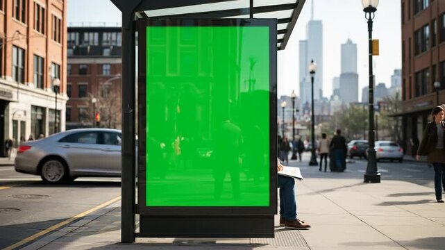 Blank Green Screen Ad Display at Urban Bus Stop.