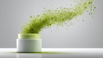Organic green tea matcha powder splashing and exploding out of white cosmetic cream jar on light grey background for natural beauty skin care product concept