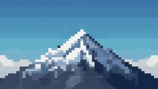 Pixel art of a snow-capped mountain peak under a clear blue sky.