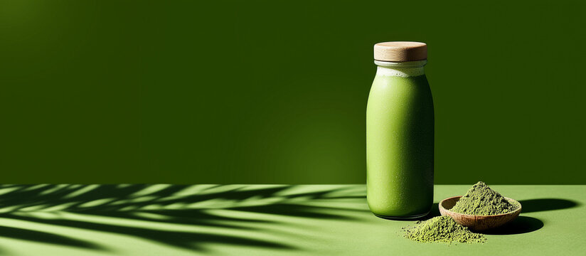 Fresh organic matcha green tea bottle with wooden cap next to a small bowl of tea powder on green background with palm leaf shadows for healthy energy drink and product branding concept