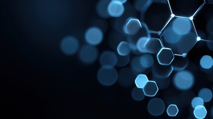 Abstract Blue Molecular Structure with Glowing Hexagons and Soft Bokeh Background for Science and Technology Concept Illustrations