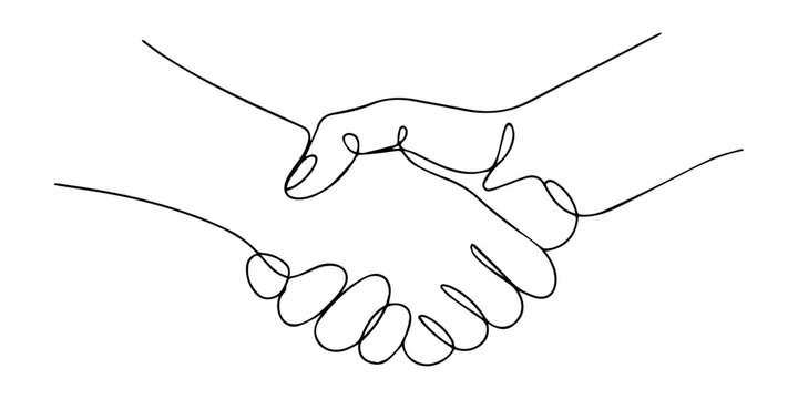 One line drawing of a handshake, continuous line art of two hands shaking, agreement, partnership, or deal, Continuous linear drawing of handshake. Editable stroke. Vector illustration. minimalist.
