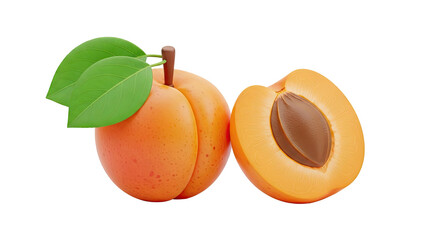 Whole and halved apricot with leaves and pit on transparent background