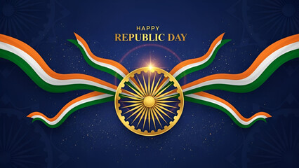 Capital festive india republic day celebration background with golden ashoka wheel and tricolor ribbon design on blue backdrop for national patriotism culture pride and freedom concept artwork