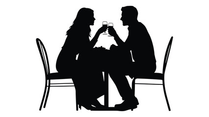 A romantic dinner for two featuring a couple toasting with wine silhouette