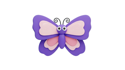 Cute 3D butterfly with purple and pink wings on transparent background