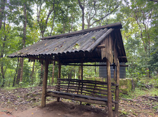 A small rest area along the pathway leading to Athirappilly Falls through dense forest in Thrissur district, Kerala, surrounded by tall trees and natural vegetation.