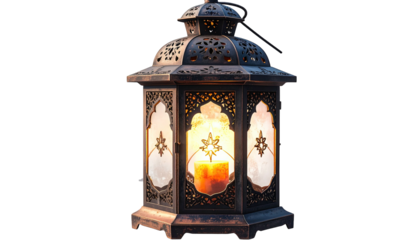 Ornate metal lantern with candle glows warmly from within, darkness surrounds
