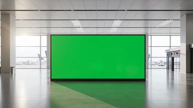 Modern airport lobby with green screen billboard with planes outside.