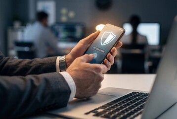 Businessman verifying identity on mobile phone using biometric fingerprint security app