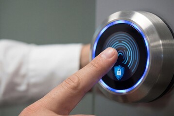 Man pressing index finger on illuminated biometric sensor to unlock door with digital security system