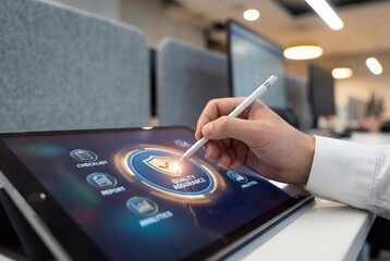 Businessman hand using stylus on tablet screen with digital quality assurance interface and icons