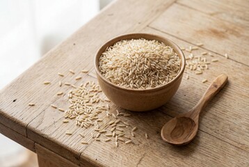 Uncooked organic brown rice in a small ceramic bowl on a rustic wooden table with a wooden spoon