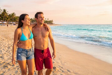 Couple walking on beach at sunset holding each other wearing swimwear shorts and bikini