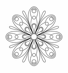 Black and white line drawing symmetrical floral mandala with circular elements abstract circle