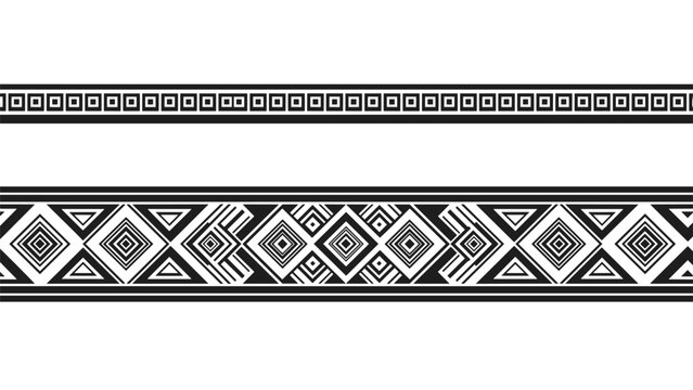 Set of two black and white seamless tribal borders with geometric patterns, featuring squares, triangles, and diamonds.